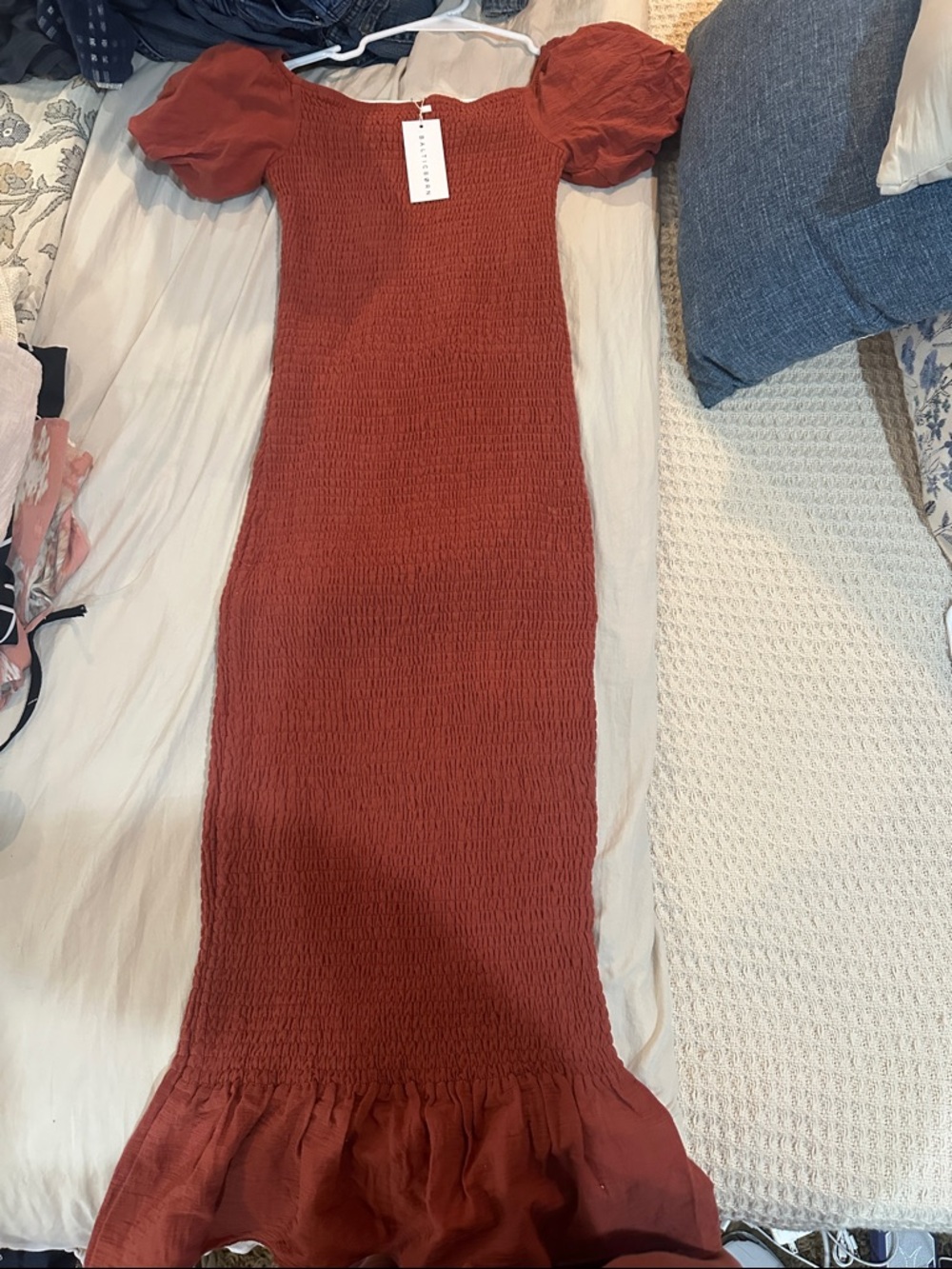 Baltic Born Rust Red Smocked Puff Sleeve Midi Dress